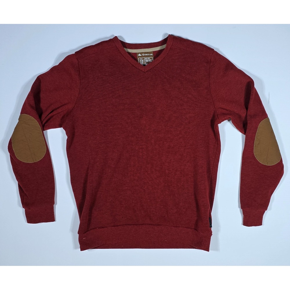 Quechua Decathlon Men's V-Neck Sweater Burgundy Red Elbow Patches Size M